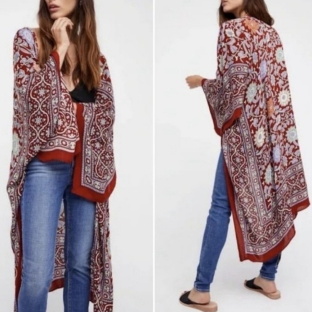 Free People Magic Dance Kimono Floral & Border Print Red Purple 1 Size Fits Most